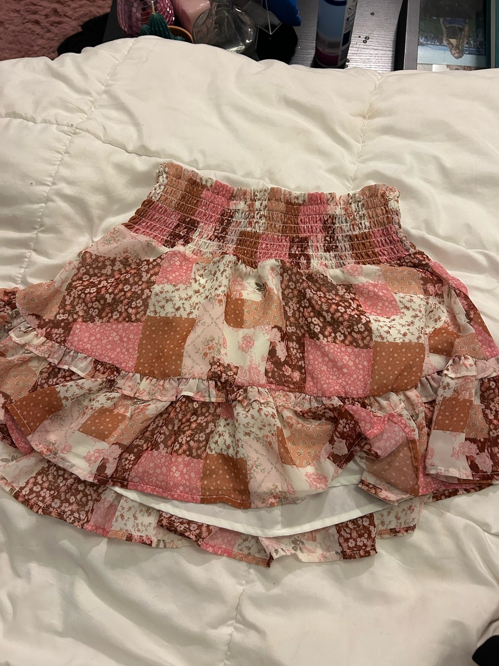 Altar'd State Pink & Brown Patchwork Ruffle Mini Skirt
